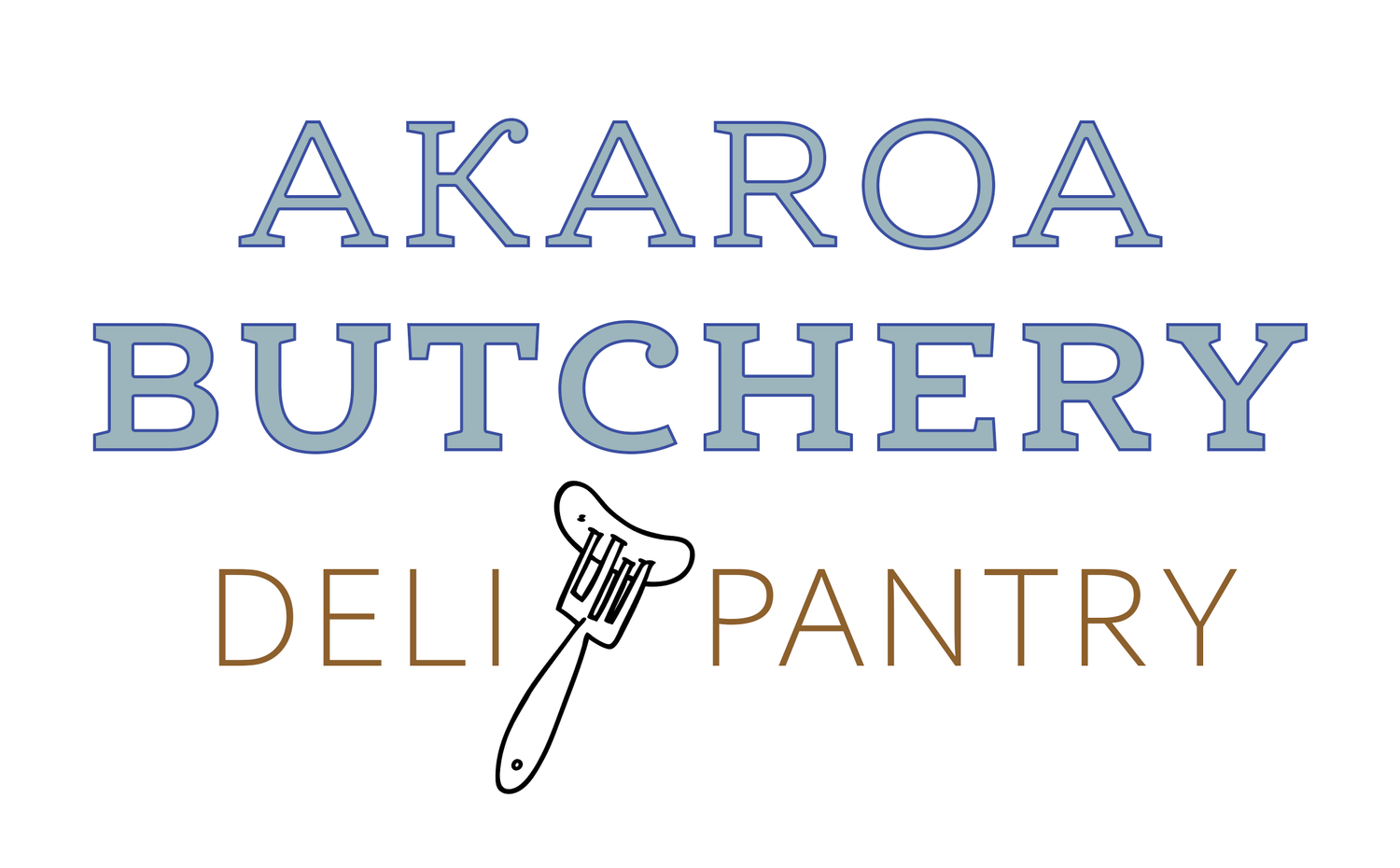 Logo for Akaroa Butchery Deli Pantry with stylized text and a black outlined bread knife graphic.