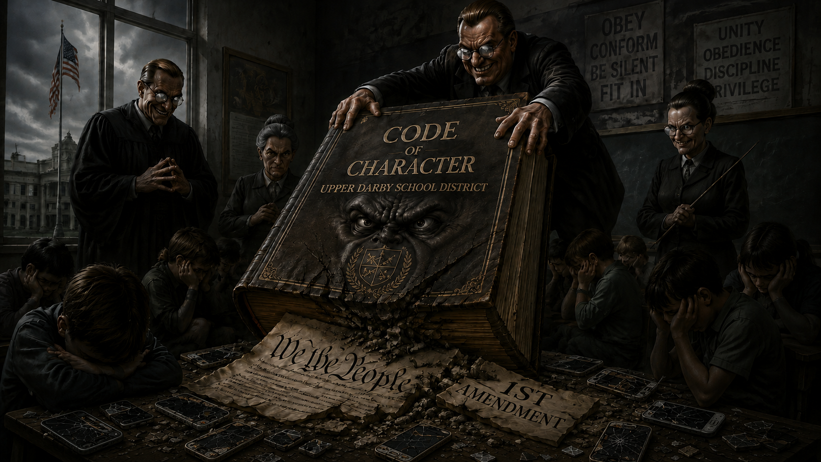 A dark, dystopian scene in a classroom with sinister teachers and students. A large, cracked book titled 'Code of Character, Upper Darby School District' is being dropped, causing pages with the Declaration of Independence to spill out. The teachers are smiling menacingly, and the students are distressed, covering their ears and heads. The background shows a window with an American flag and ominous clouds, with posters on the wall containing messages like 'Obey', 'Conform', 'Be Silent', and 'Fit In.'
