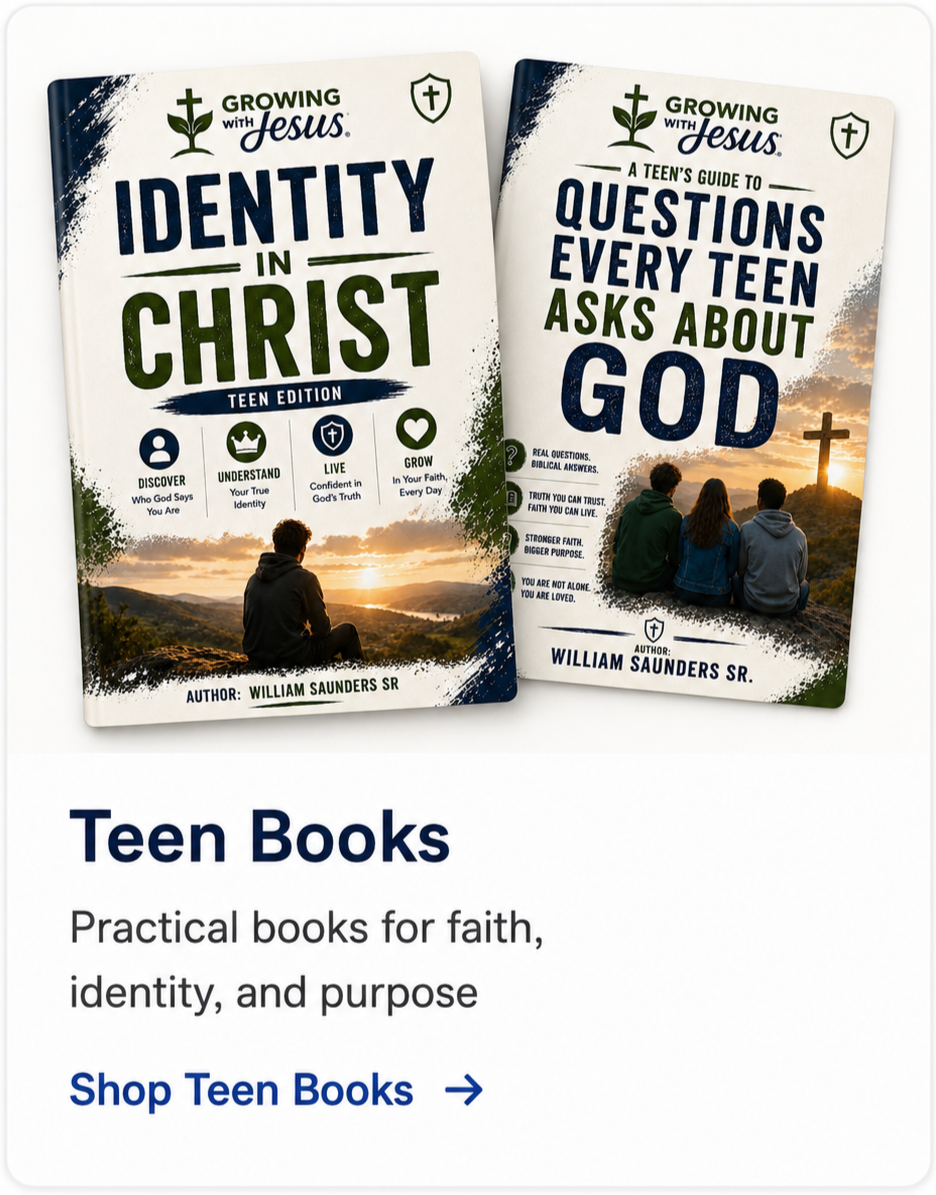 Two teen books titled 'Growing with Jesus' about faith, identity, and purpose, featuring a sunset and three teenagers sitting outdoors by a cross on a hill.