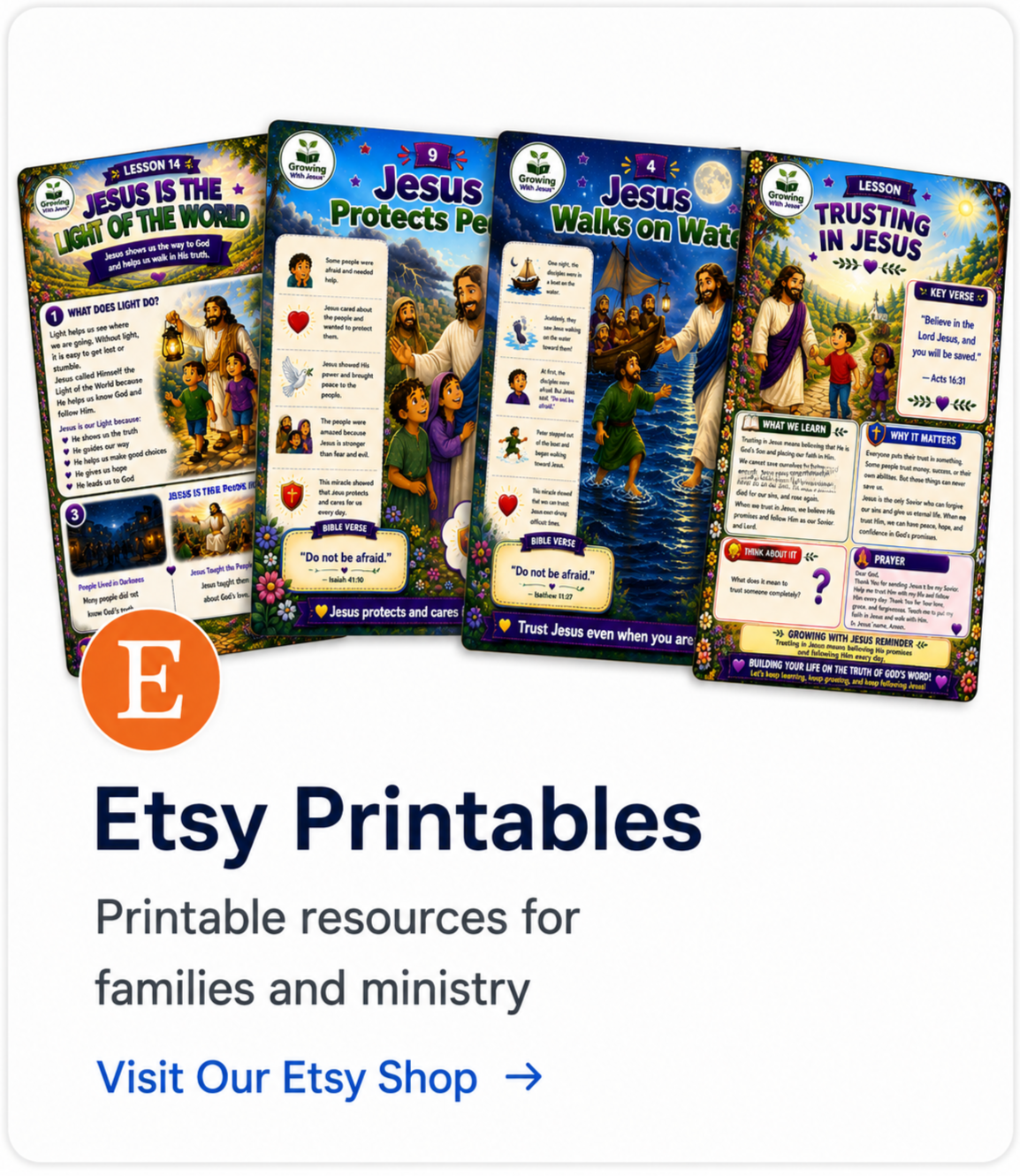 Etsy ad for printable religious educational resources featuring colorful illustrated Bible stories and lessons about Jesus, including 'Jesus Walks on Water' and 'Trusting in Jesus'.