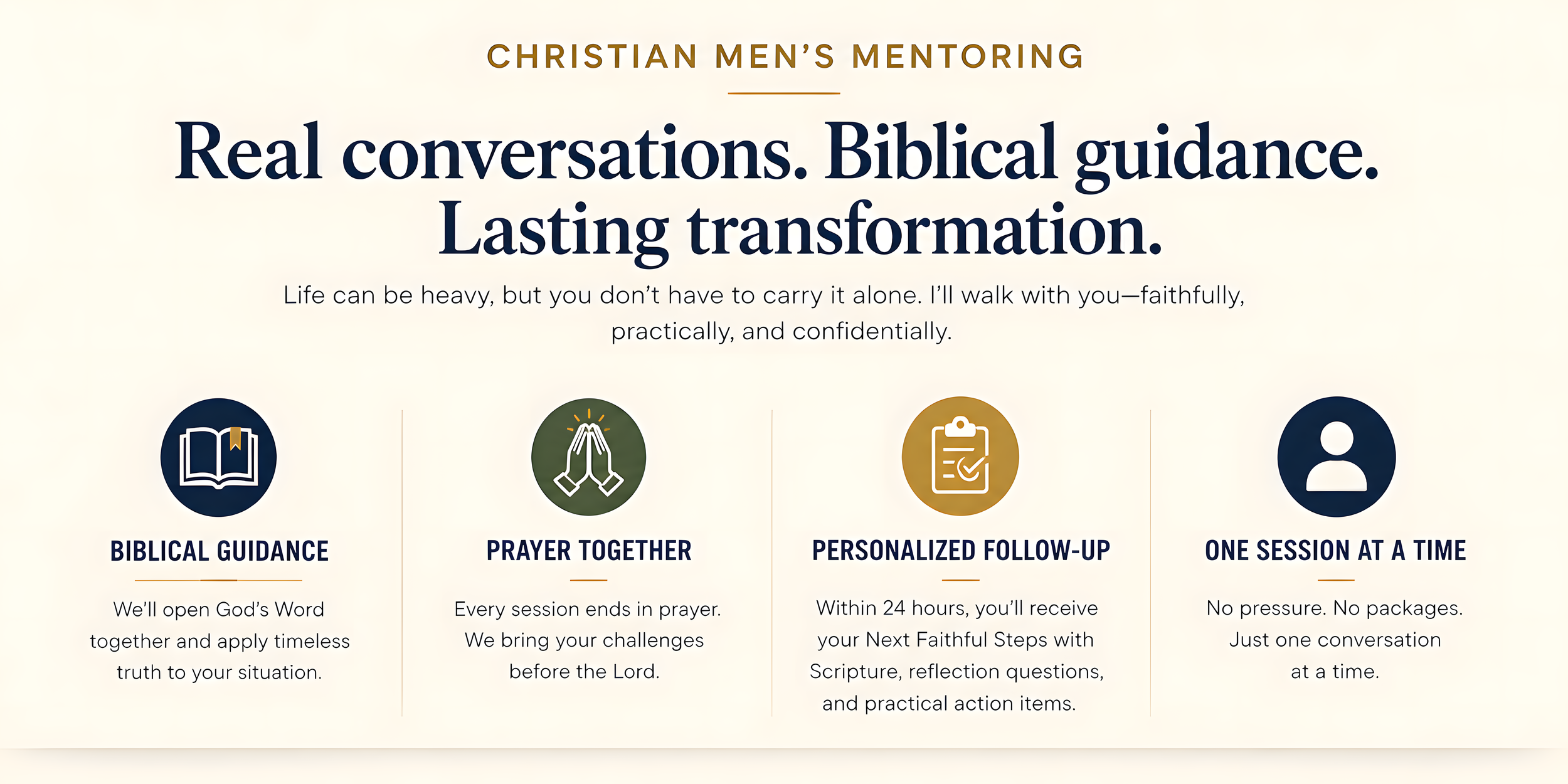 Christian men’s mentoring benefits: biblical guidance, prayer together, personalized follow-up, and one session at a time