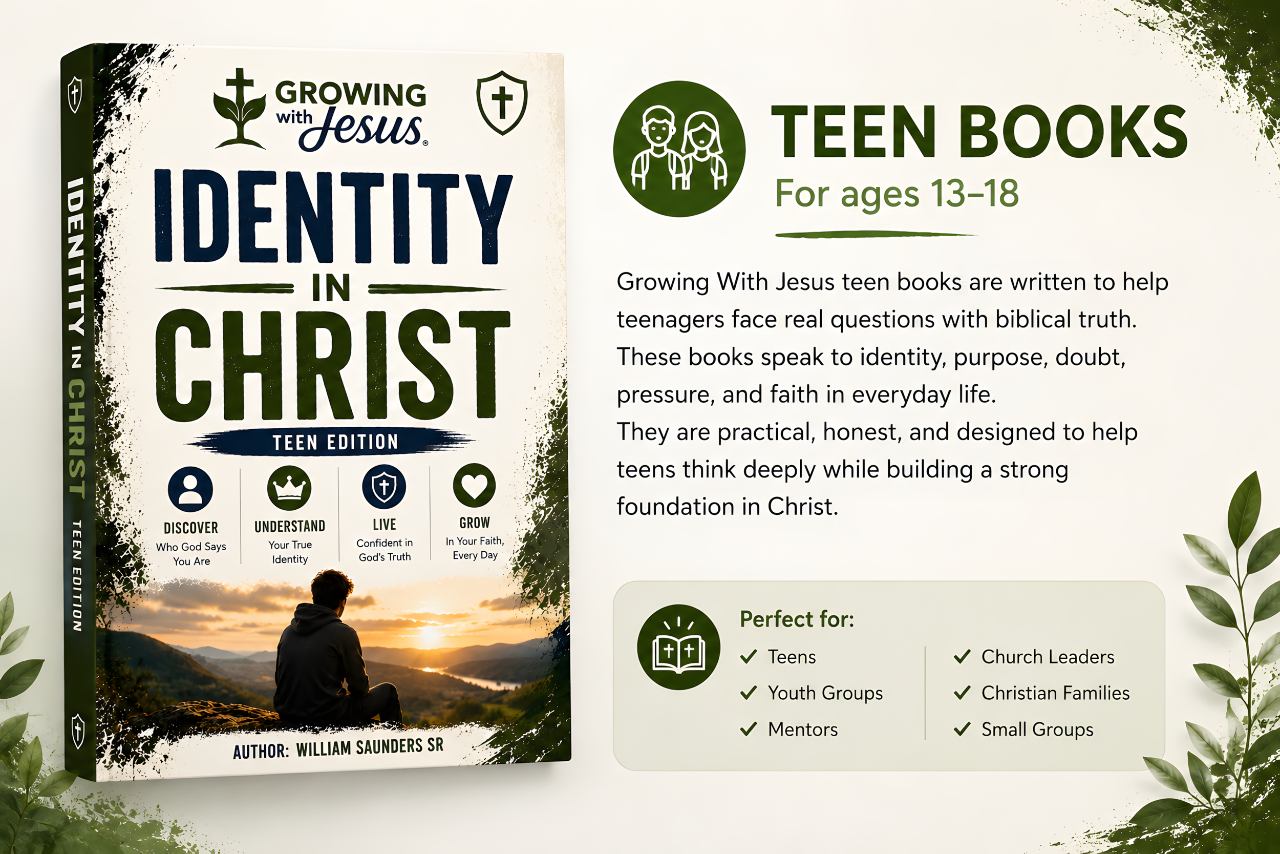 Cover of a book titled "Identity in Christ" by William Saunders Sr, part of a Christian teen books series for ages 13-18, featuring themes of growing with Jesus and facing real questions with biblical truth.
