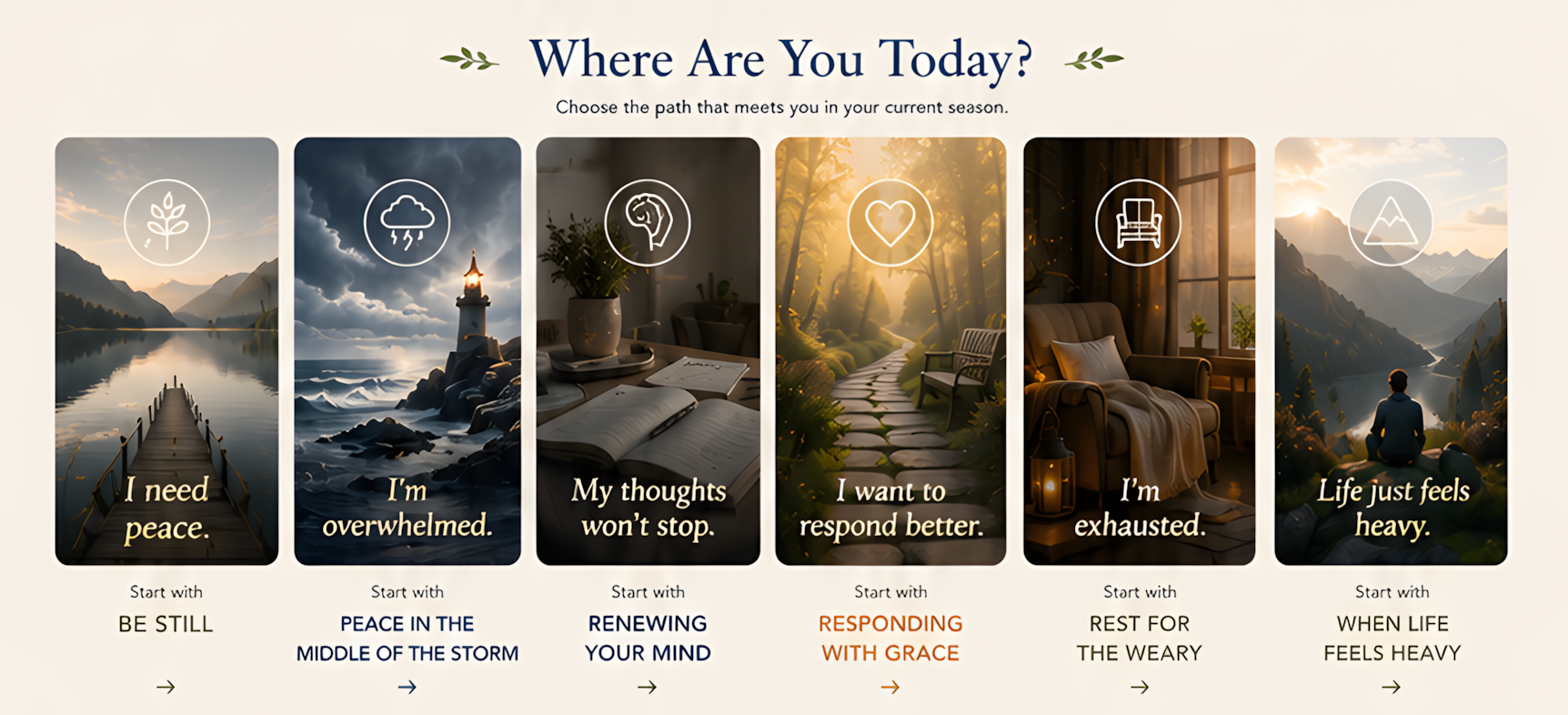 Choose a Christian resource for peace, worry, renewed thinking, grace, exhaustion, or heavy seasons