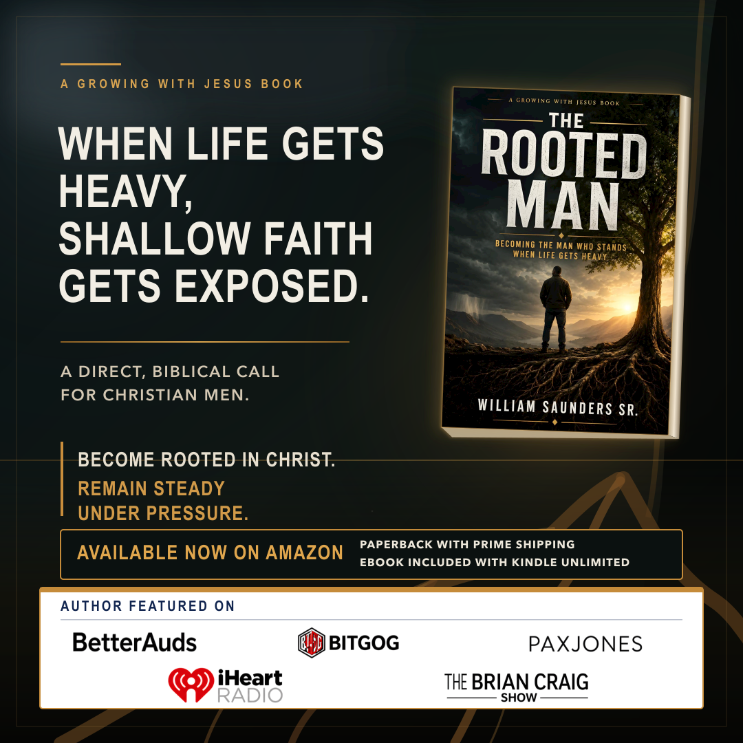 Advertisement for the book "The Rooted Man" by William Saunders Sr. featuring a man standing in front of a large tree during sunset, with mountains and dark stormy clouds in the background.