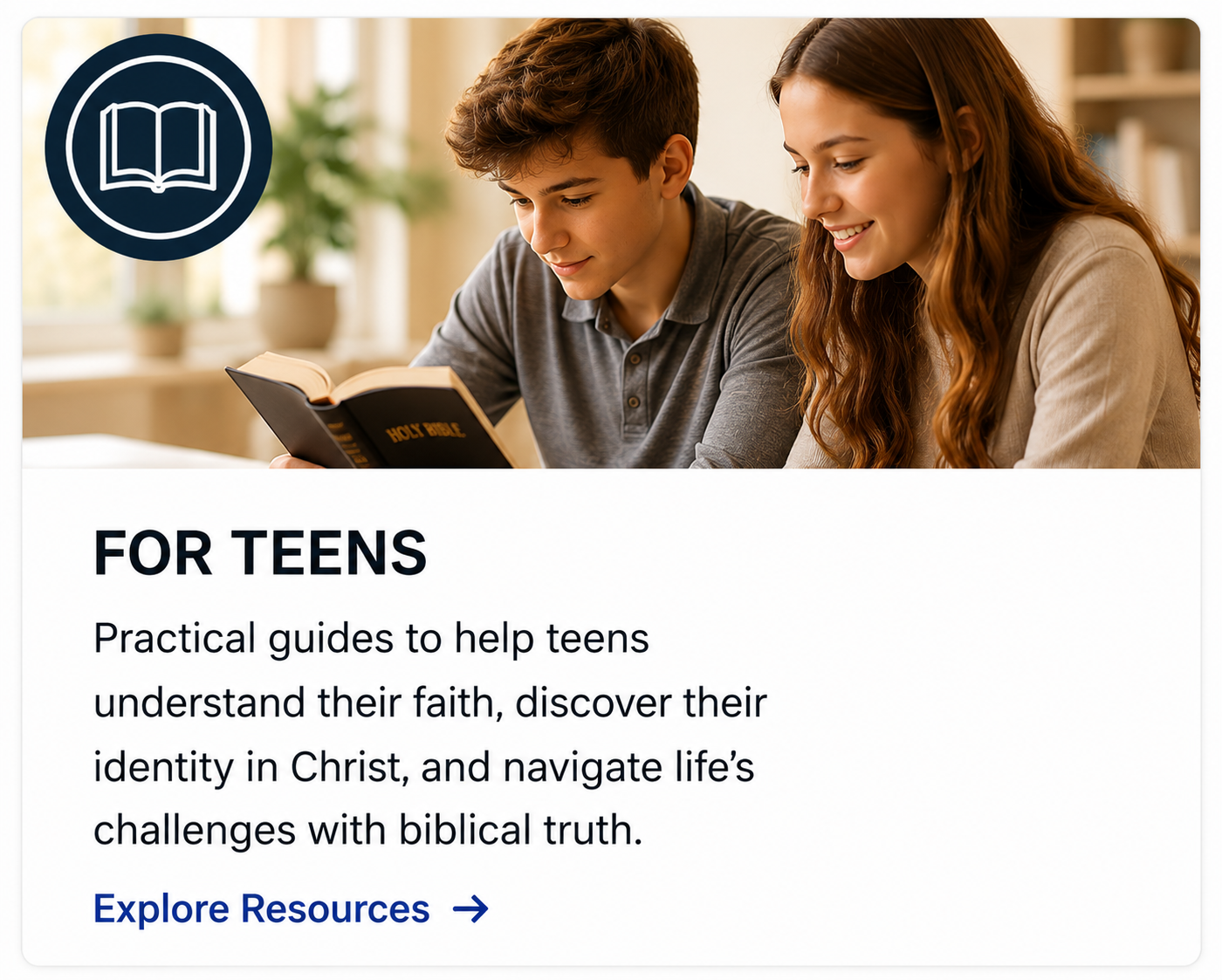Two teenagers, one boy and one girl, reading a Bible together in a well-lit room with shelves and a plant in the background. The image promotes religious resources for teens.