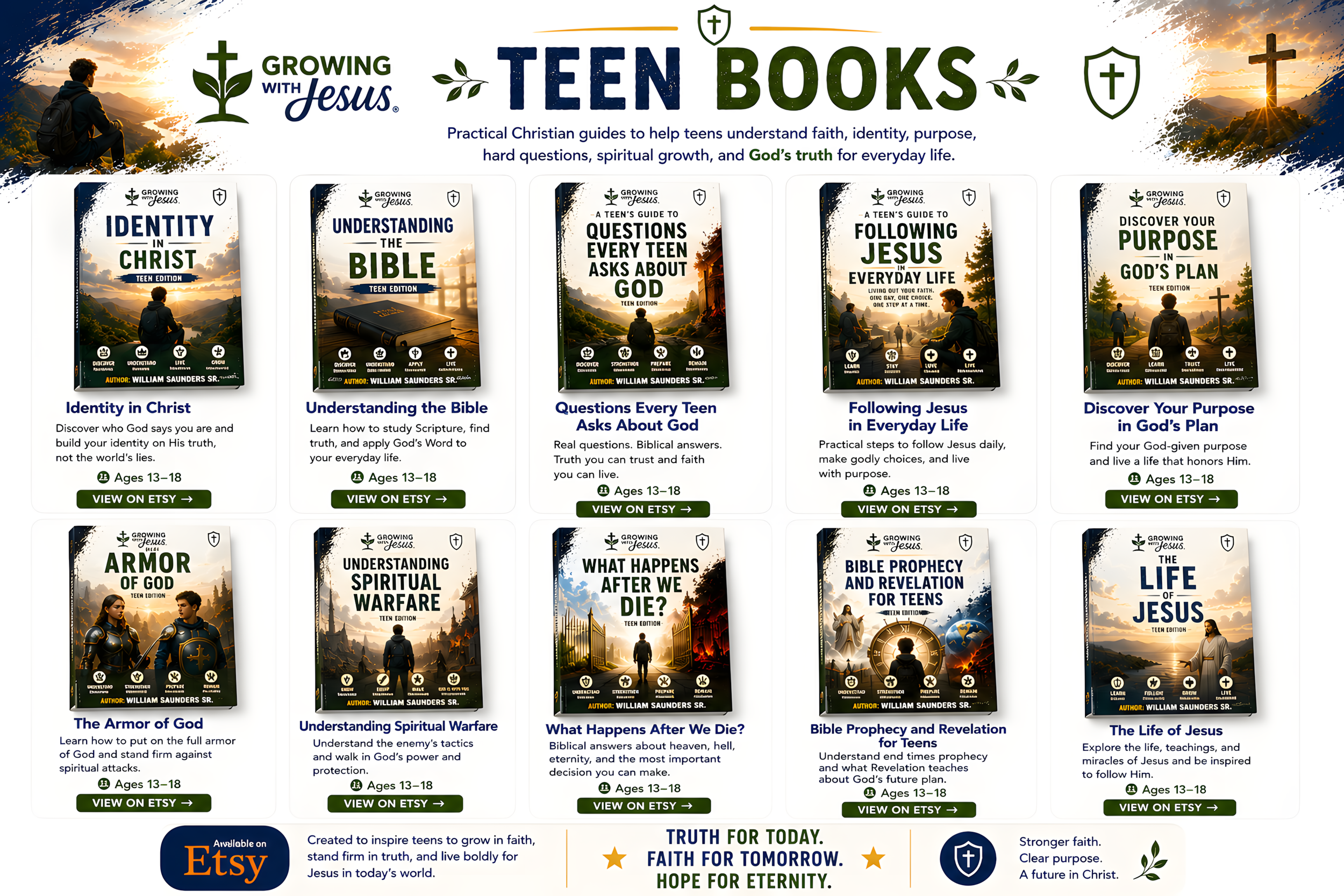 Display of Christian-themed books for teenagers on faith, Bible understanding, spiritual warfare, and Jesus' life, all published by Growing with Jesus, with cover images showing teens and symbolic religious imagery.