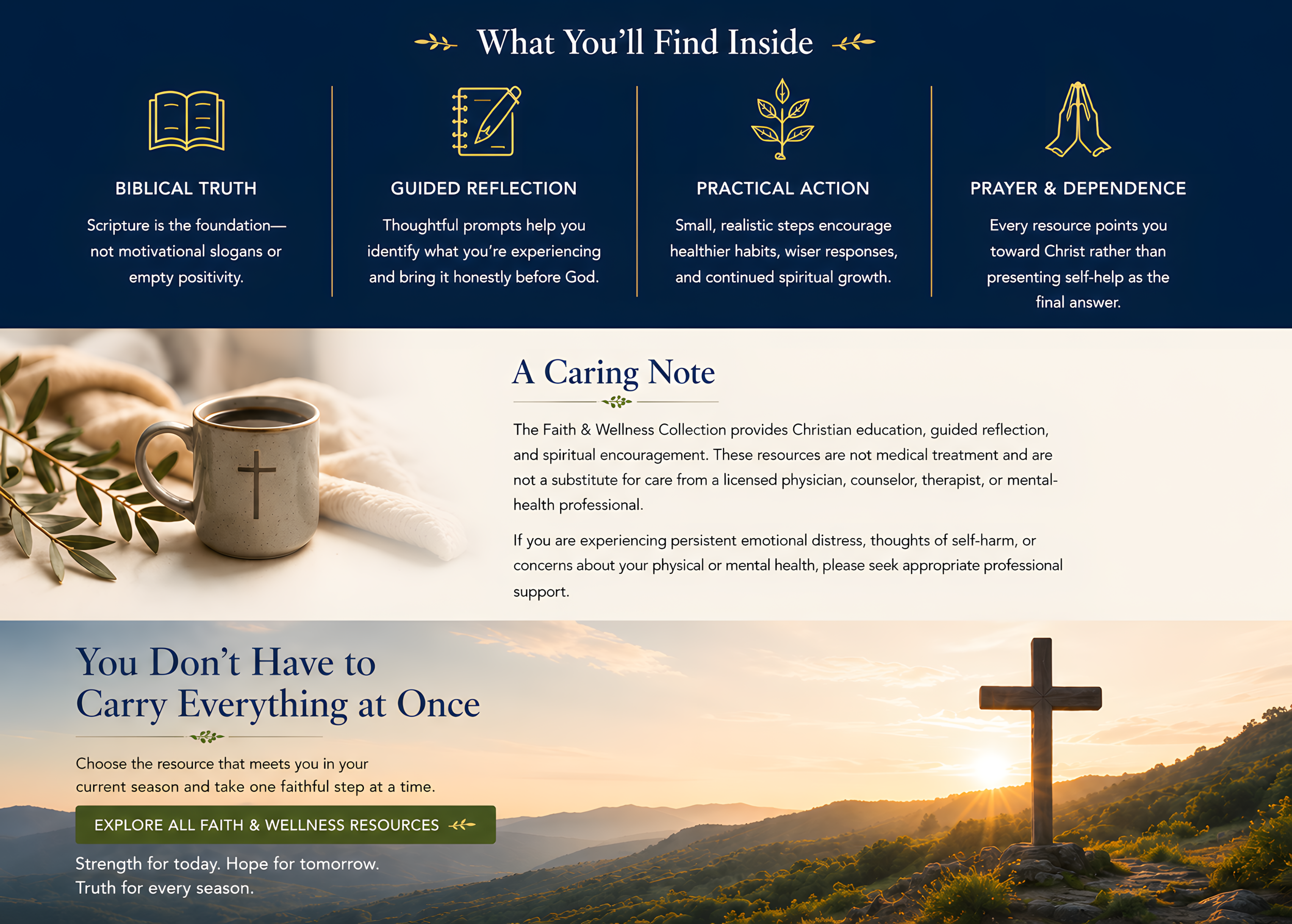 A digital graphic with text and icons about faith and wellness, featuring a cross, a coffee mug with a cross, and a sunset landscape with a cross on a hill.
