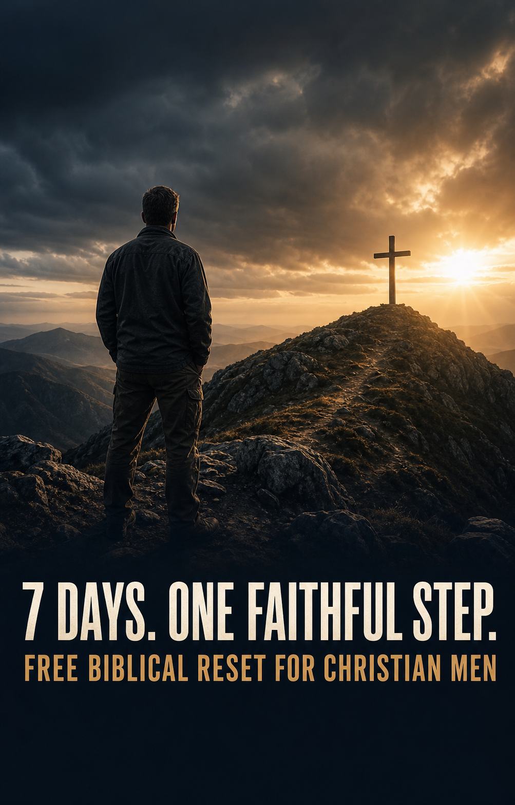 A man standing on a mountain trail, looking at a cross on a hill with a sunset in the background, promoting a seven-day biblical reset for Christian men.