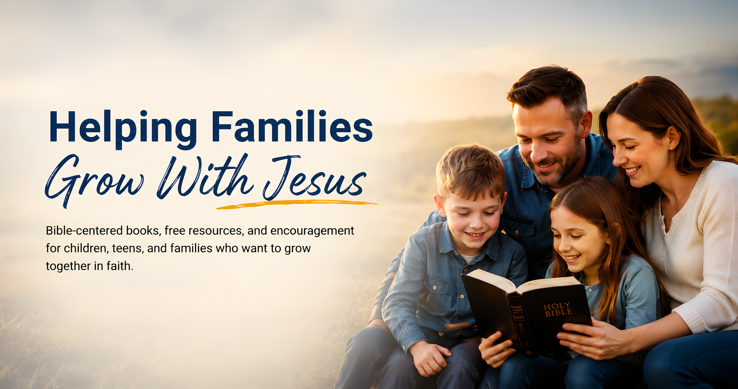A happy family of four sitting outdoors at sunset, reading a Bible together and smiling.