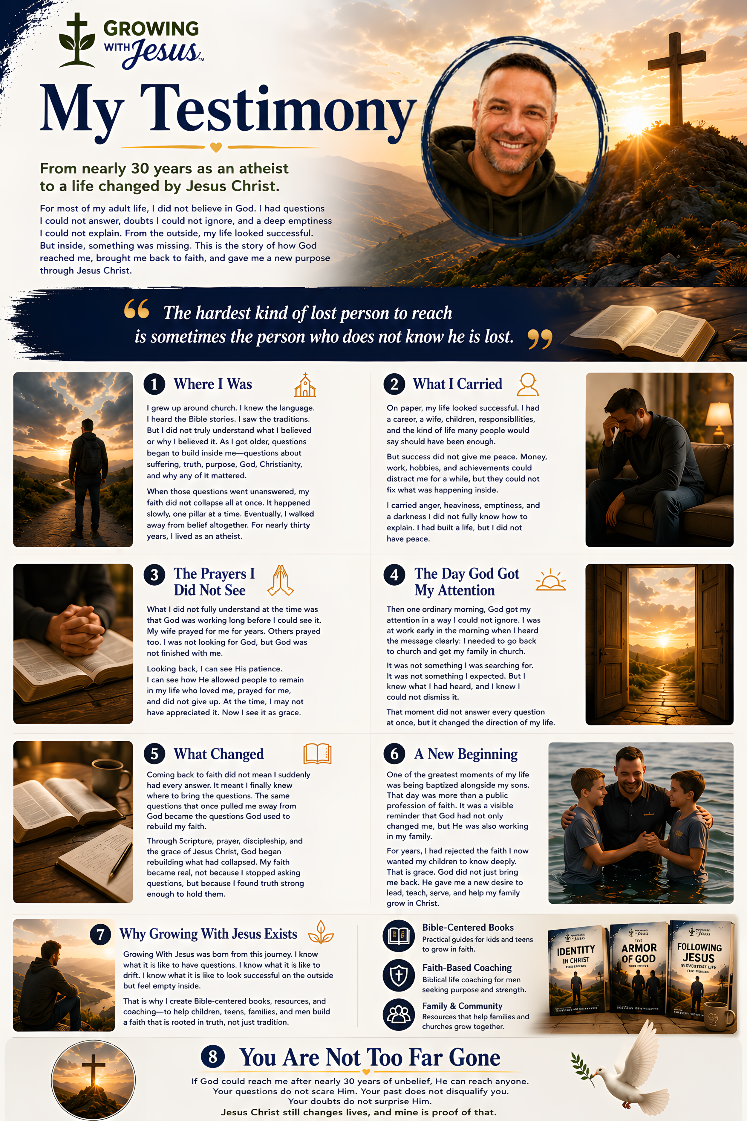 A Christian faith testimonial poster featuring a man smiling in front of a sunset with a cross on a hill, open Bible, praying hands, and children with a dove, emphasizing spiritual growth and faith in Jesus Christ.