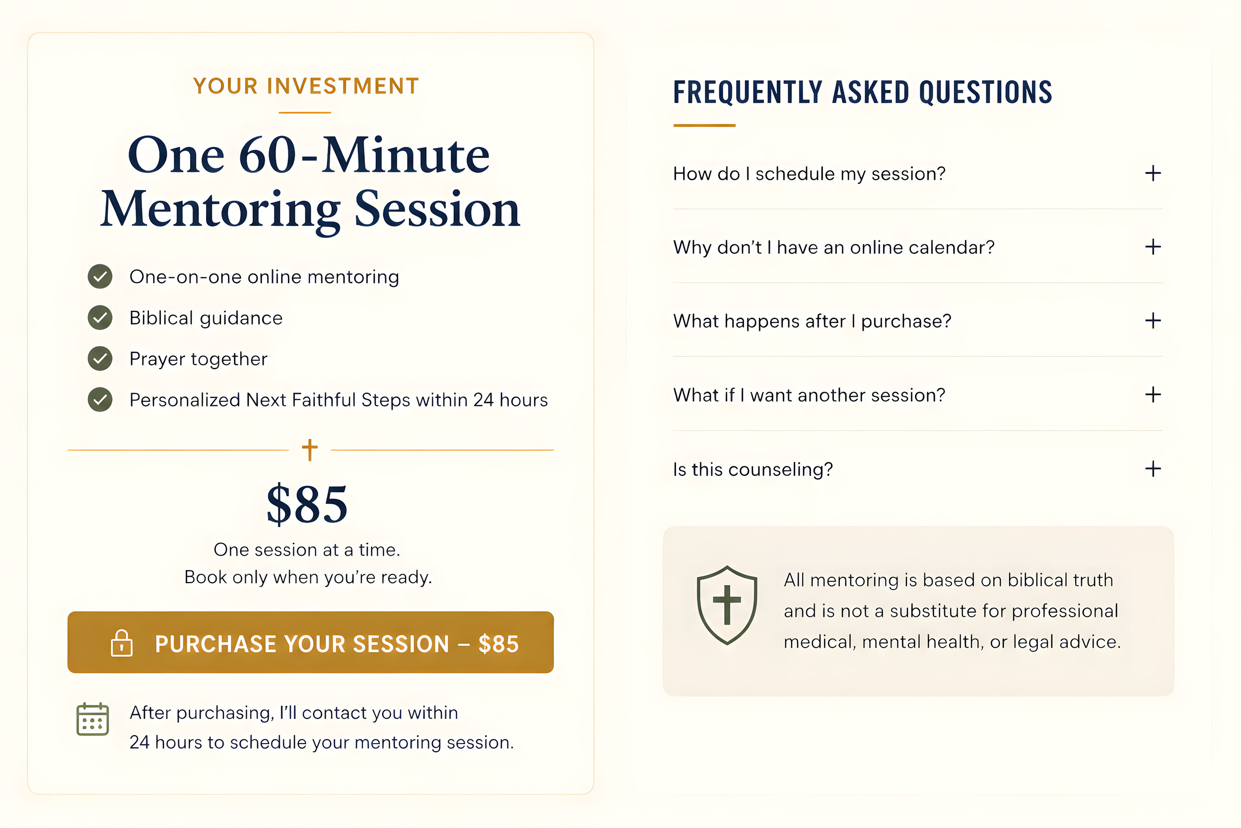 One 60-minute Christian men’s mentoring session for $85, with prayer, biblical guidance, personalized follow-up, and frequently asked questions