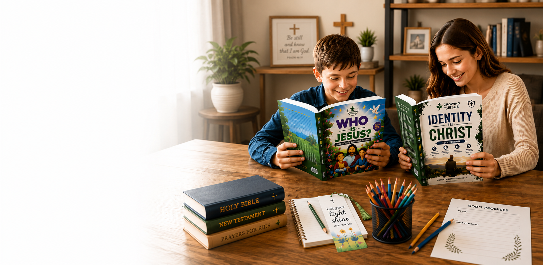 A woman and a boy sitting at a wooden table, reading religious books titled "Who is Jesus?" and "Identity in Christ." The table has a stack of books, colored pencils in a container, prayer notes, and a small sign with a Bible verse. Background features bookshelves, potted plants, and religious decor.