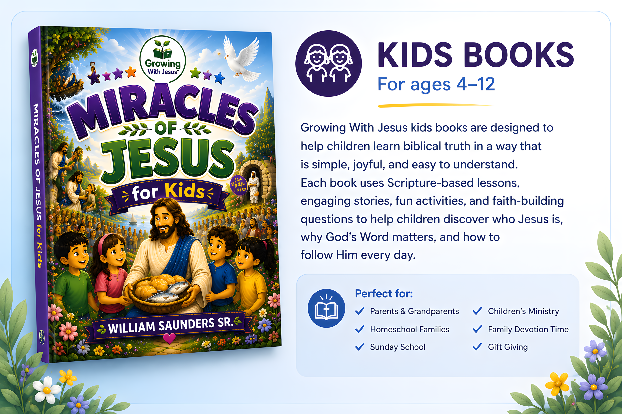 Book cover titled "Miracles of Jesus for Kids" by William Saunders Sr., featuring illustrations of Jesus with children, surrounded by flowers and nature, with a background scene of Jesus teaching a crowd.
