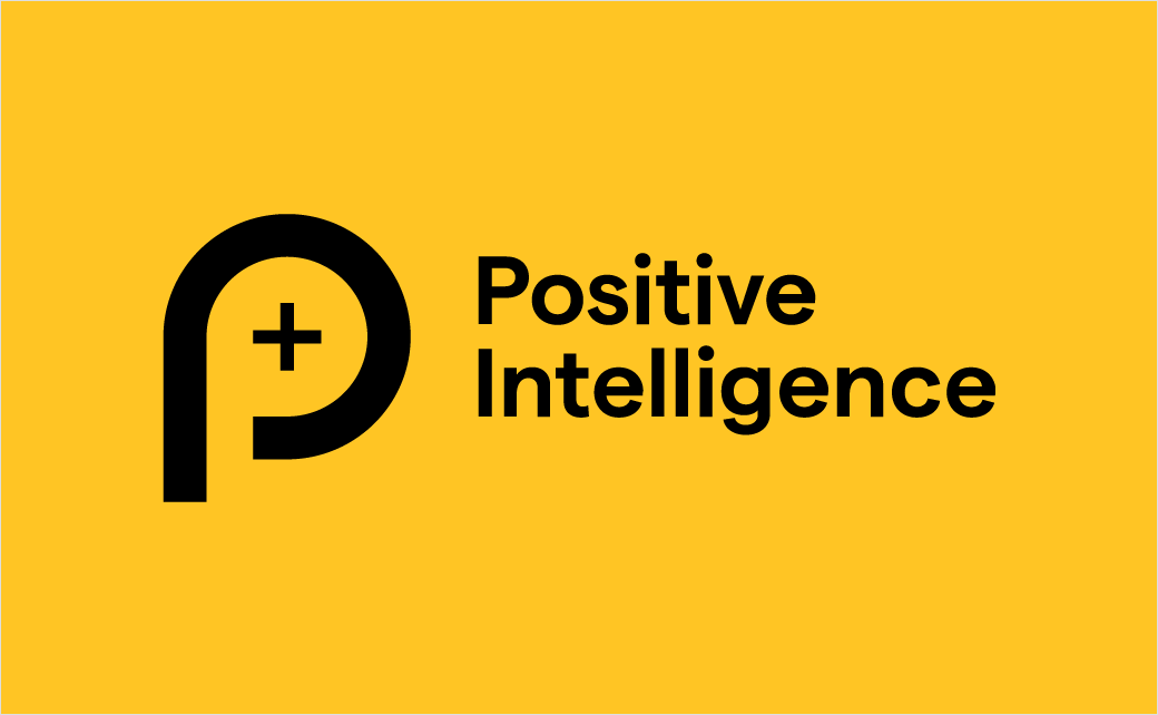 A logo with a black stylized 'P' containing a plus sign, next to the words 'Positive Intelligence' in black on a yellow background.