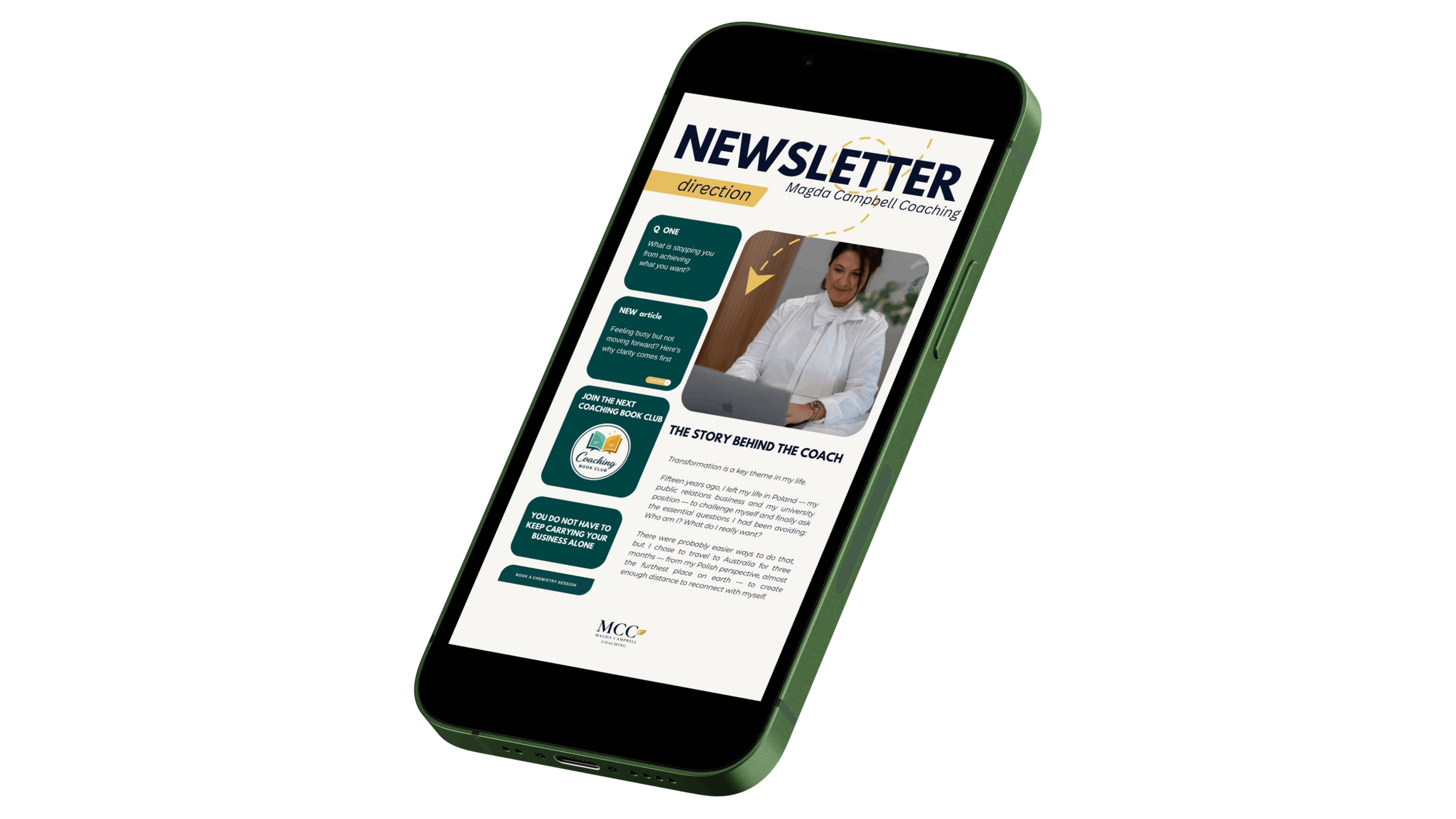 A smartphone displaying a newsletter from Magda Campbell Coaching, featuring sections about achieving goals, an article, a coaching book club, and personal story.