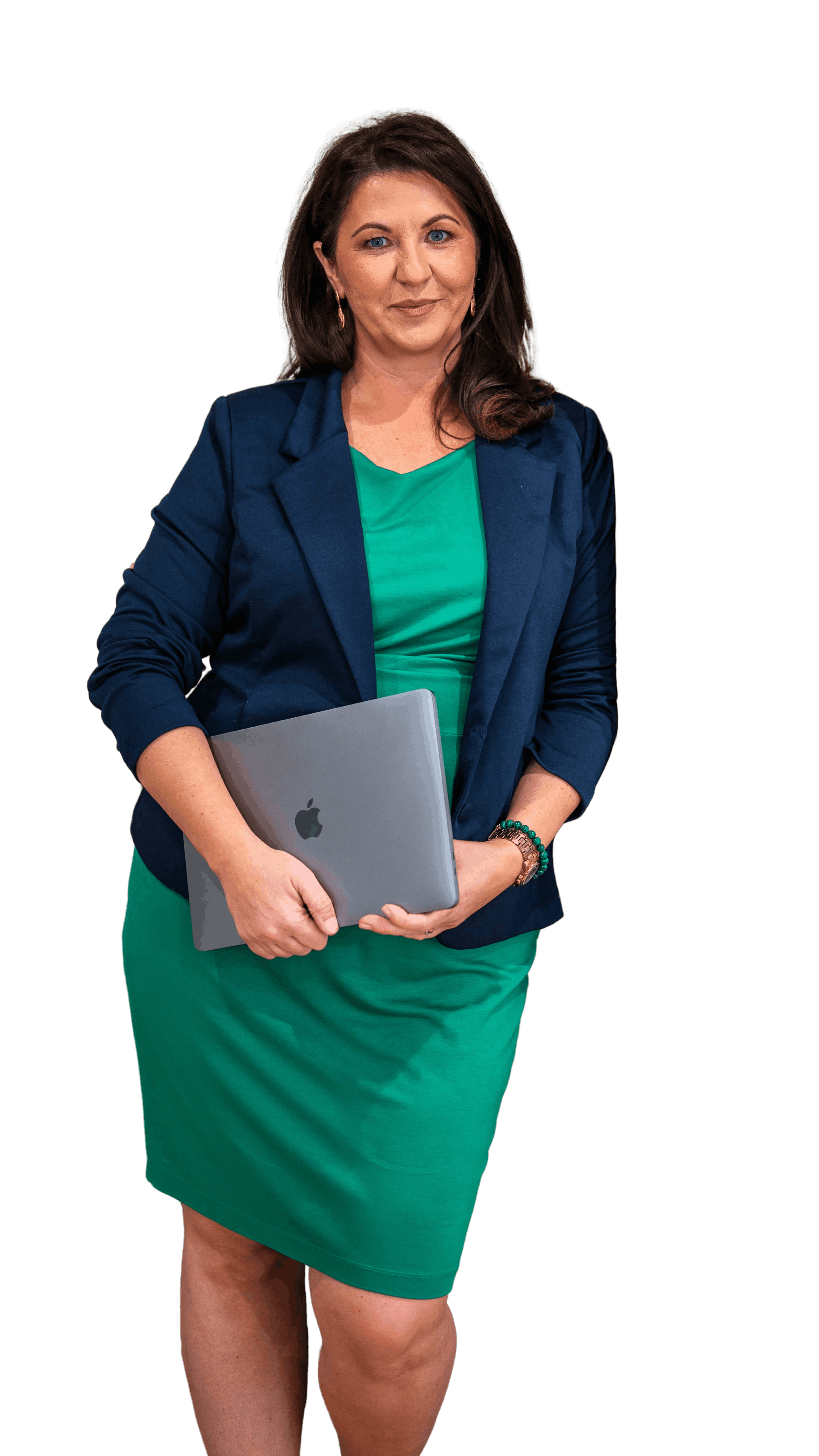 Magda Campbell wearing a blue blazer over a green dress, holding a silver MacBook, standing against a black background.