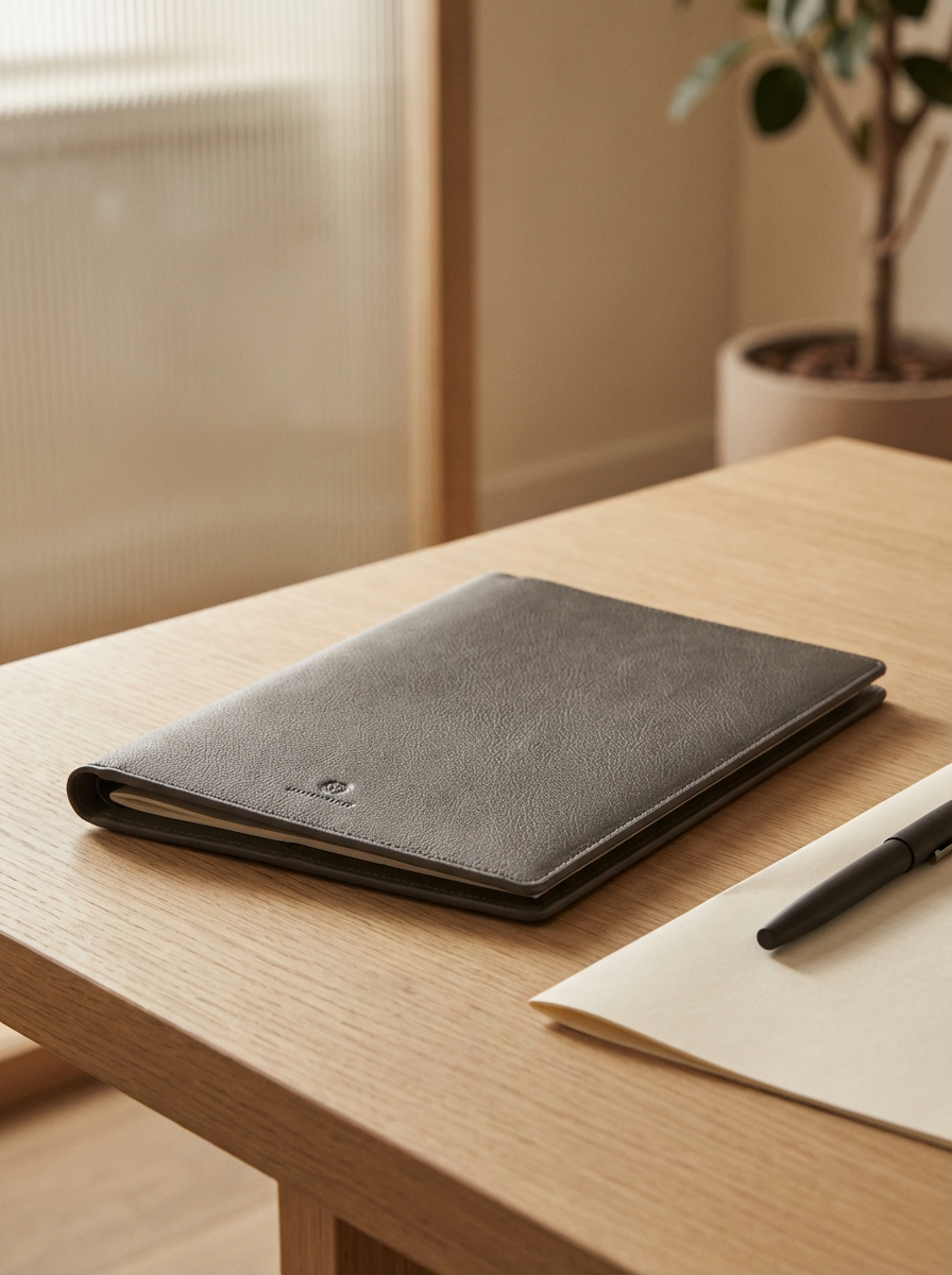 A closed brown leather-bound notebook and a black pen on a wooden desk with a white sheet of paper.