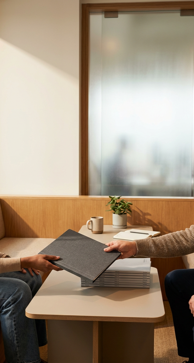 Two people exchanging a black folder across a small table in an office setting, with a potted plant, a mug, and notebooks on the table.