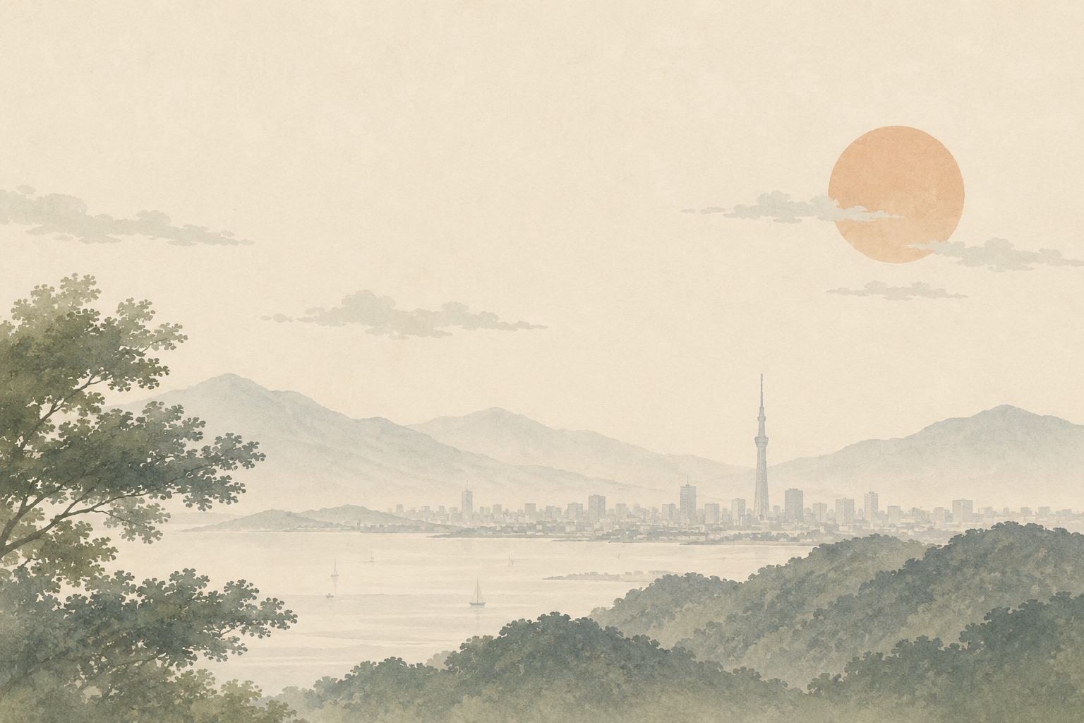 A watercolor-style illustration of a city skyline with Mount Fuji in the background, sailboats on a body of water, trees in the foreground, and a large orange sun with light clouds.
