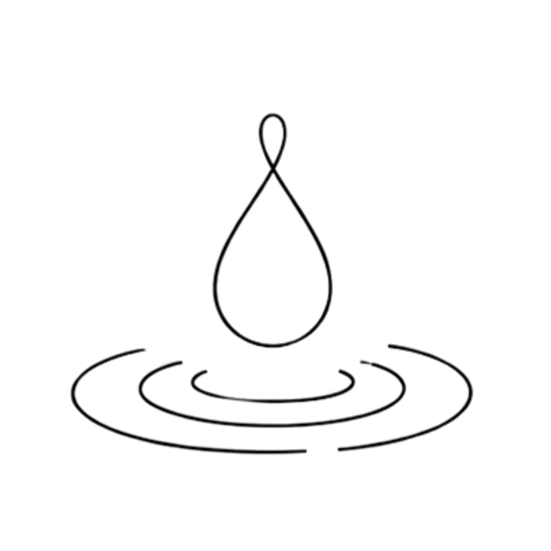 A black background with a stylized illustration of a teardrop-shaped droplet above concentric circles, symbolizing a drop of liquid.
