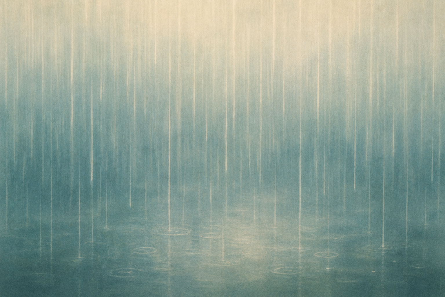 Rain falling over a body of water, creating ripples with a muted color palette of blues and beige.