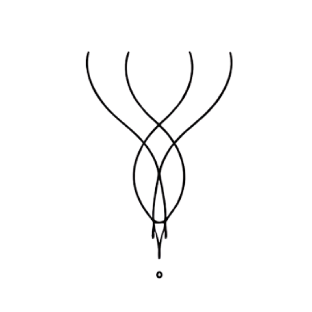 An intricate black line tattoo design resembling a stylized insect or abstract shape with elongated limbs and a pointed bottom.