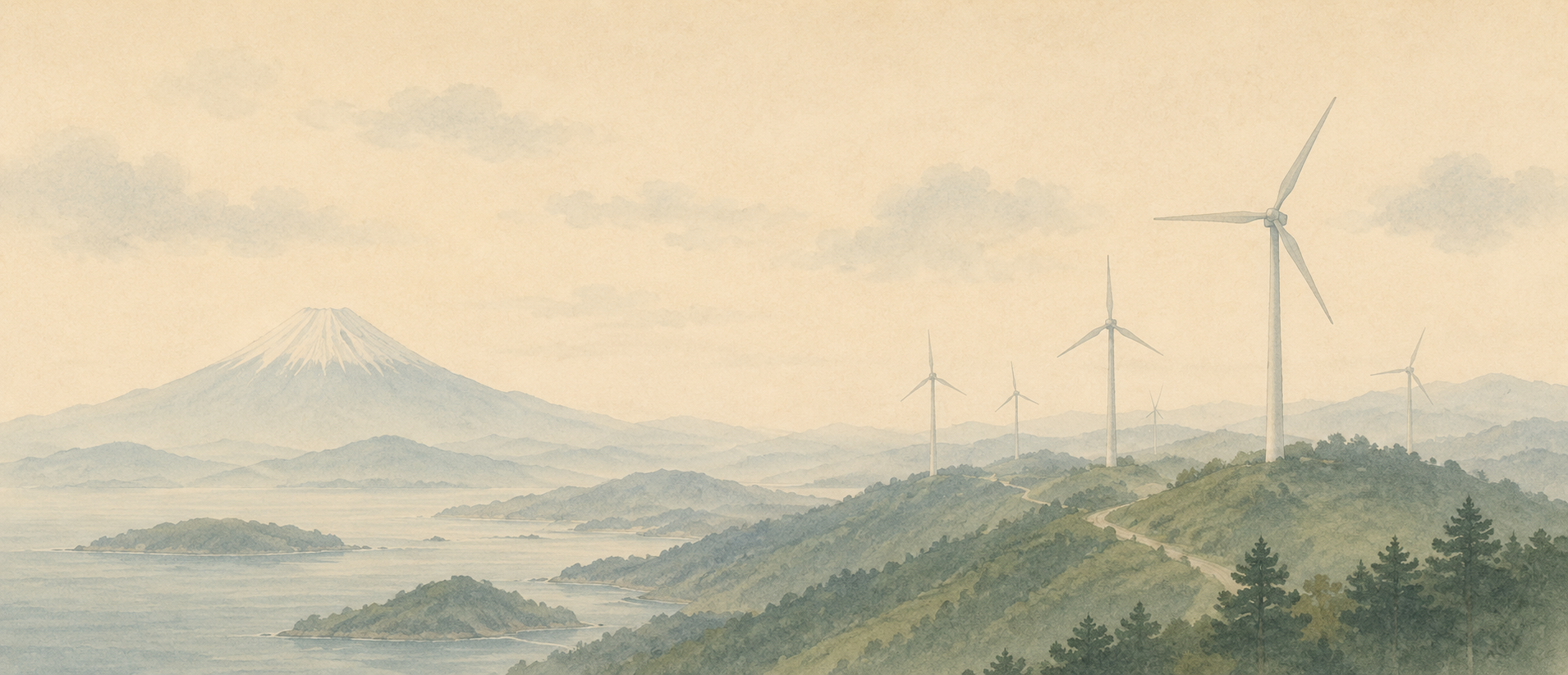 A landscape with wind turbines on green hills, a distant snow-capped mountain, and a body of water in the foreground, under a cloudy sky.