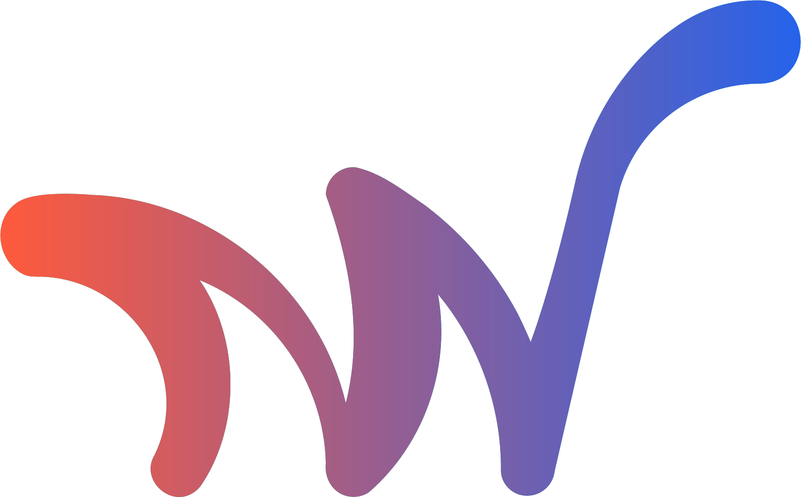 Colorful abstract logo with gradient shades of red, purple, and blue, resembling stylized wings or waves.