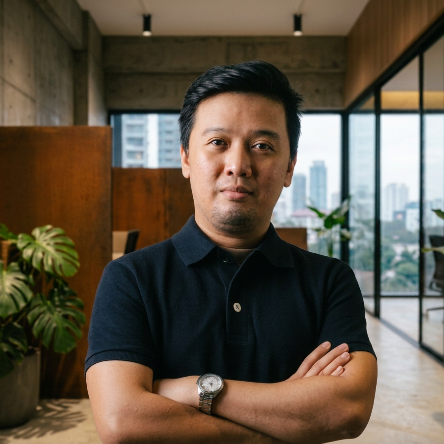 Portrait of a man with arms crossed, wearing a black polo shirt and wristwatch, standing in a modern office with large windows and cityscape view.