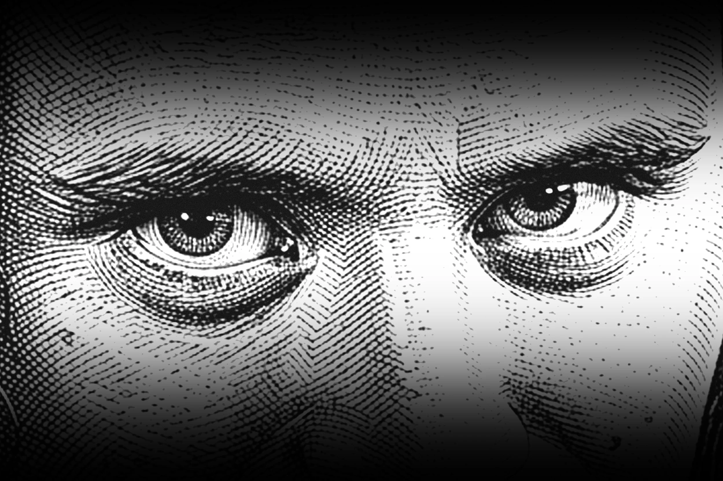 Detalle de la cara de una persona en una imagen en estilo de grabado o ilustración en blanco y negro.