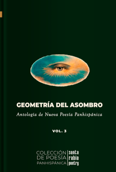 Portada de un libro titulado 'Geometría del Asombro', volumen 3, de la colección de poesía 'Santa Rabia', con una ilustración de un ojo en el centro de una figura con forma de rombo rodeada por un cielo con nubes y rayos de sol. Gato en Sable