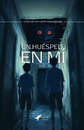 Portada de un libro con dos niños caminando por un pasillo oscuro, mirando hacia un rostro aterrador con ojos rojos y sonrisa macabra en una pared al final. Gato en Sable - Metamorfosis