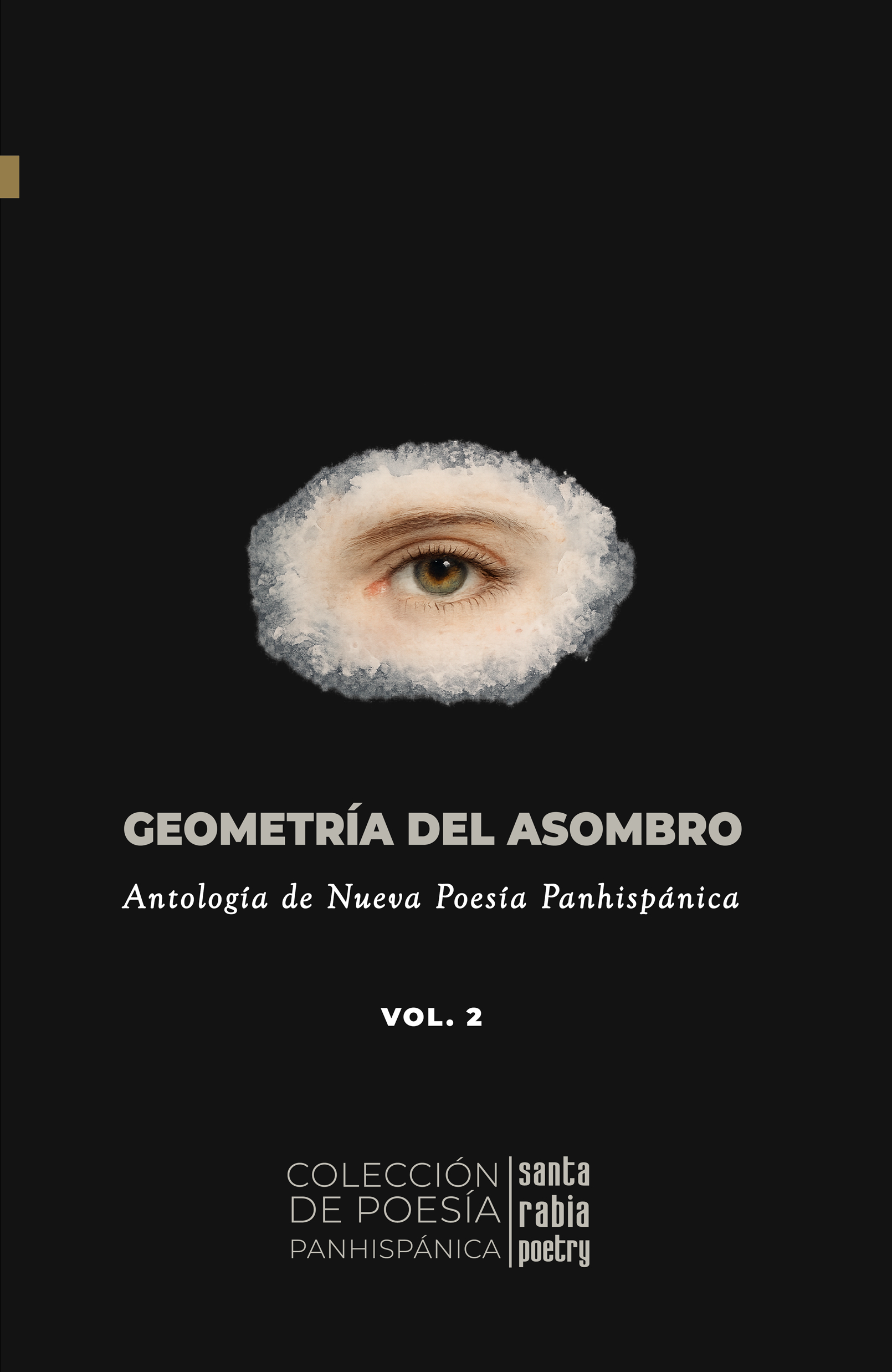 Portada de un libro con fondo negro, en el centro una nube con un ojo humano abierto que emerge de la nube. Texto en la portada incluye: 'Geometría del Asombro, Antología de Nueva Poesía Panhispánica, Volumen 2'. En la parte inferior, logotipo y nombre de la colección: 'Colección de Poesía Panhispánica, Santa Rabia Poesía'.