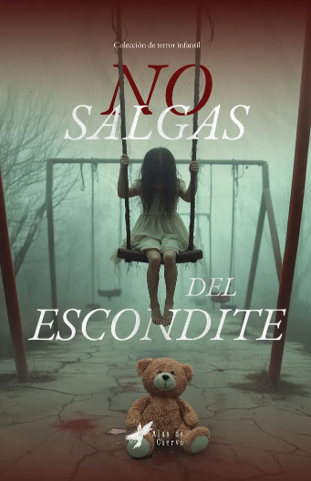 Una niña con un vestido gris sentada en un columpio en un parque con neblina, un oso de peluche en el suelo y una frase que dice 'No salgas del escondite' en la imagen. Gato en Sable - Inapetencia Selectiva