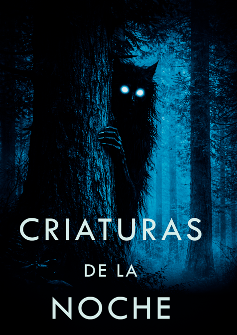 Un ser oscuro con ojos brillantes y peludo, asomándose detrás de un árbol en un bosque nocturno. Gato en Sable - El coleccionista de vomito