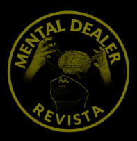 Logo con texto 'Mental Dealer Revista', con dibujo de cerebro y manos sosteniéndolo, en colores negro y amarillo.  Gato en Sable