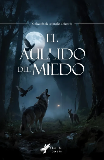 Ilustración de un bosque oscuro con animales salvajes, luna llena y árboles, en la portada de un libro titulado 'El aullido del Miedo'. Gato en Sable - Devorador de ángeles
