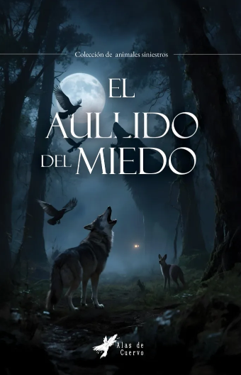 Portada de libro con un bosque oscuro y una luna llena en el fondo, con un lobo aullando y otros animales en la escena, titulado 'El Aullido del Miedo'. Alas de Cuervo. Gato en Sable.