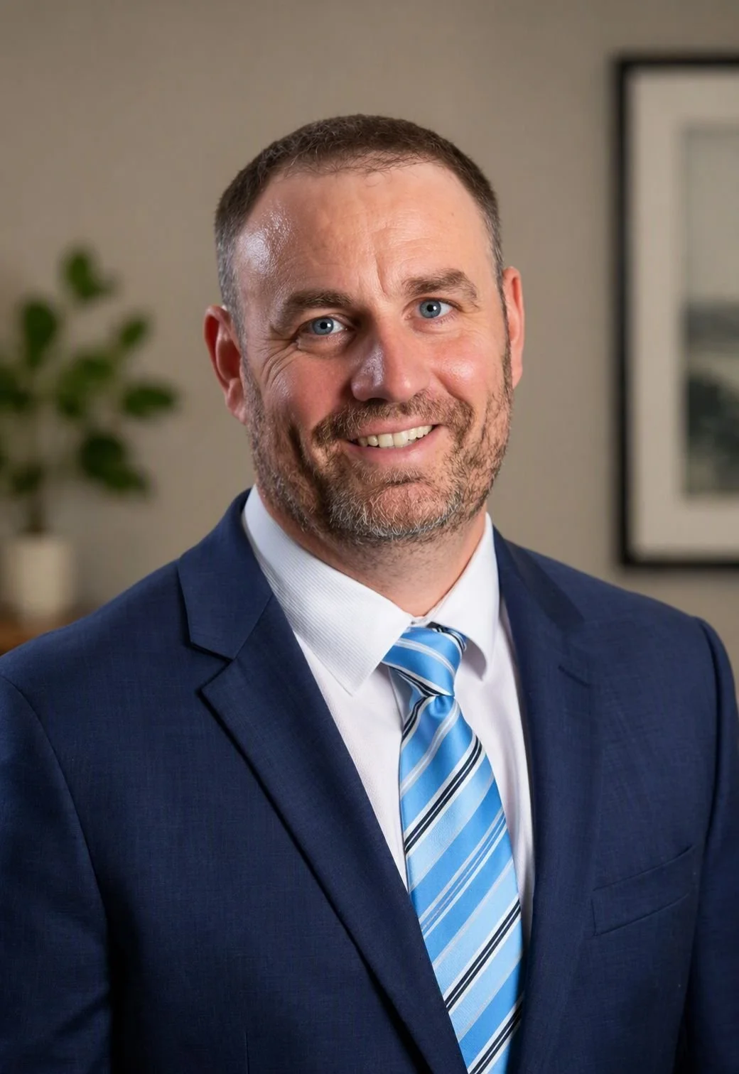 A man smiling in a professional setting, wearing a navy blue suit, white shirt, and a blue striped tie, with a background that includes a houseplant and framed picture.