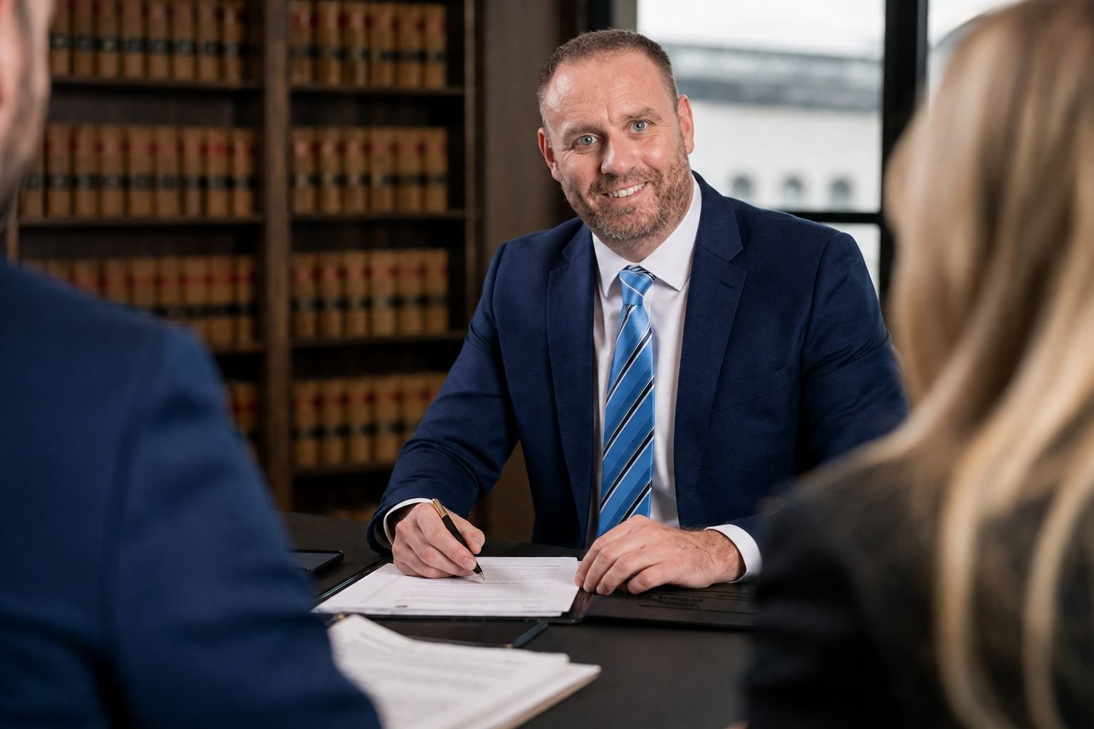 A man in a blue suit and striped tie sitting at a desk, smiling, with people on either side, in a room with bookshelves in the background.