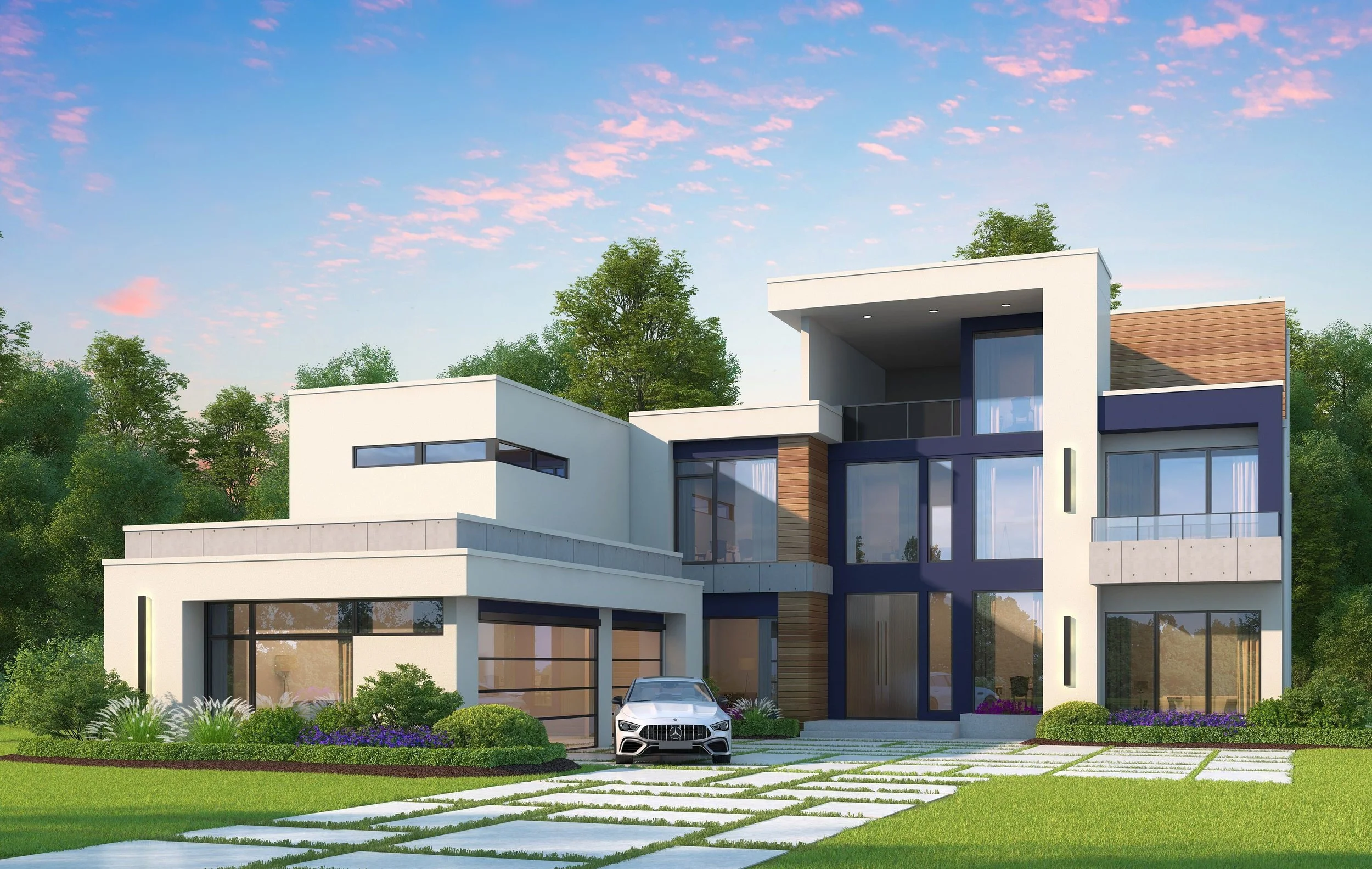 Exterior front view of The Palm model by Echelon Development & Design, showcasing a multi-story modern design with large architectural windows, custom paved driveway, and landscaped entry yard.