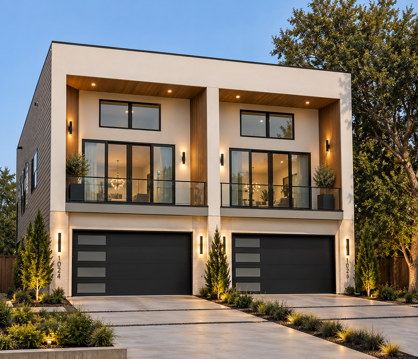 Exterior dusk view of The Colonial II duplex design by Echelon Development & Design, featuring black garage doors, an upper balcony, landscaped front yard, and warm ambient illumination.