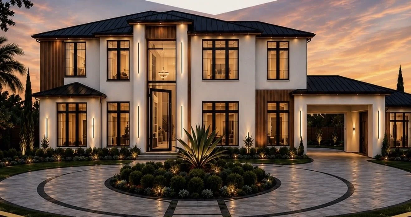 Legacy-style two-story modern residential estate featuring expansive glass windows, custom driveway, and curated sunset landscape lighting by Echelon Development & Design.