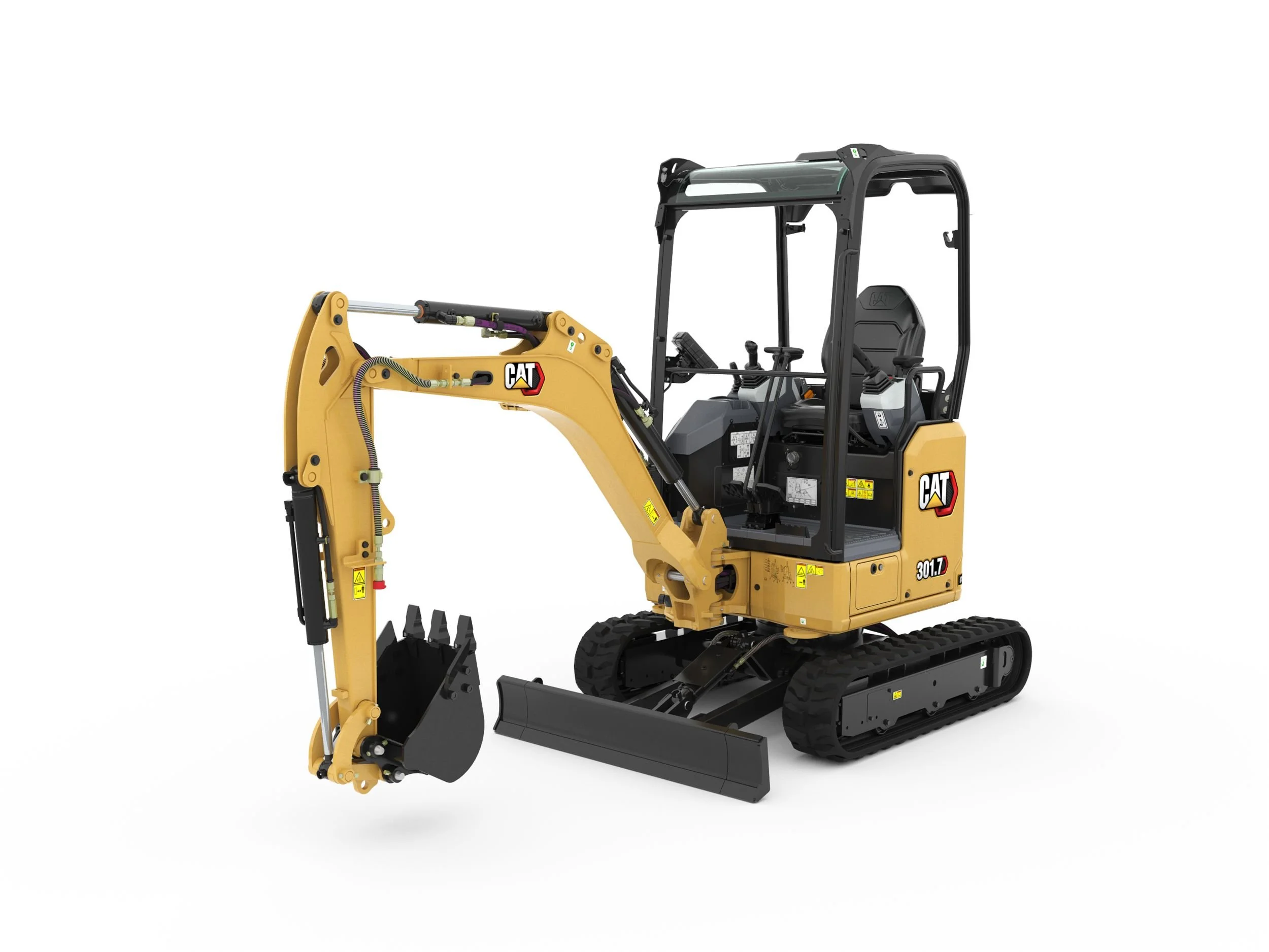 A miniature Caterpillar excavator in yellow and black with visible hydraulic arm and tracks.
