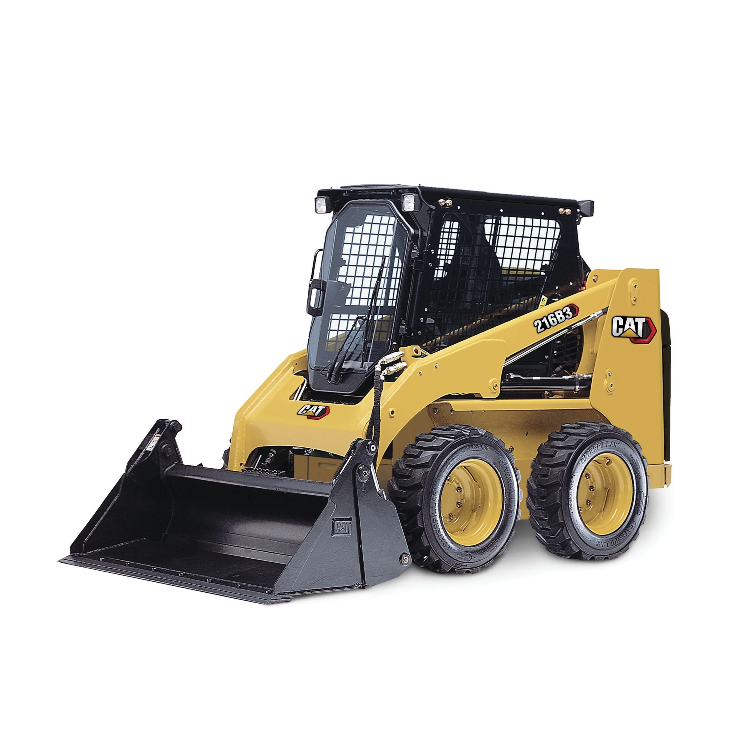 Yellow and black Caterpillar skid steer loader with a front bucket attachment.