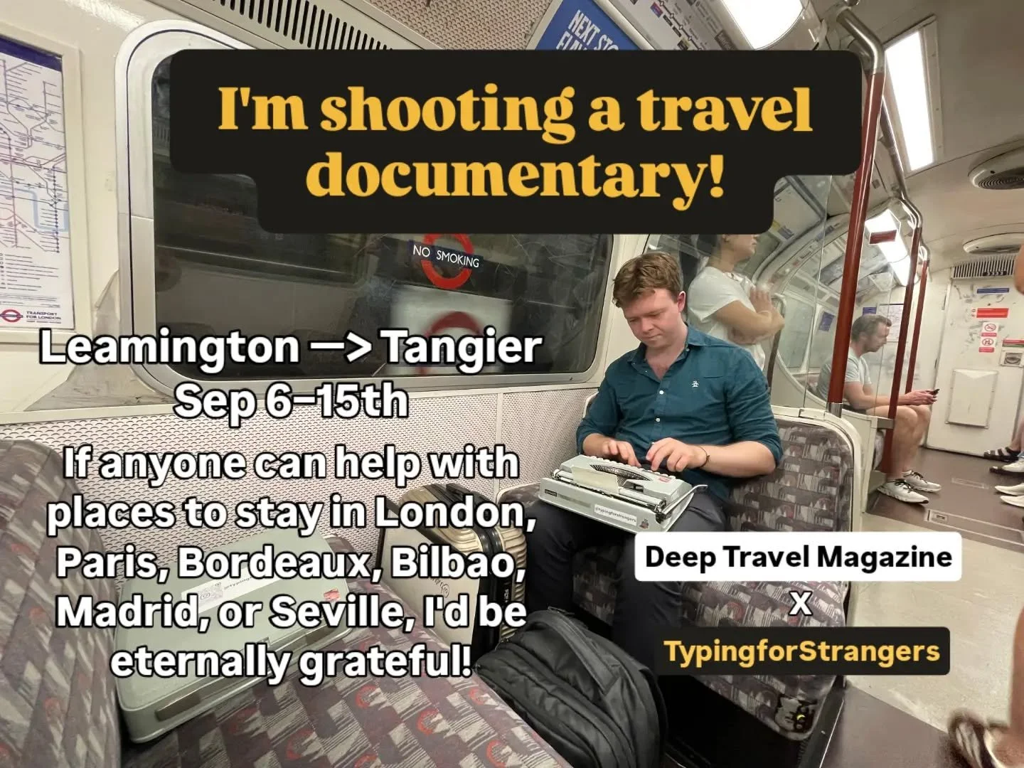 Exciting news! 

I&rsquo;ll be travelling with @deeptravelmag in September. We&rsquo;re setting off from Leamington Spa on 6 Sep and hoping to make it to Tangier by 13 Sep. 

The current plan is to stop in London, Paris, Bordeaux, Bilbao, Madrid,