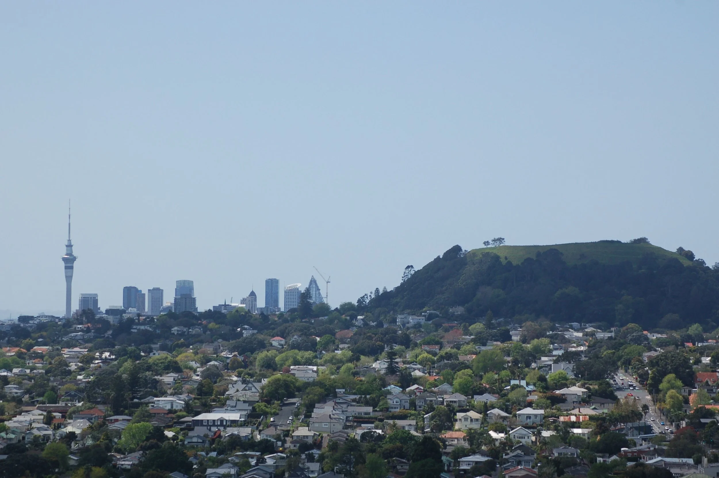 A city skyline with tall buildings including a communications tower, residential houses in the foreground, and a hill with trees on the right.