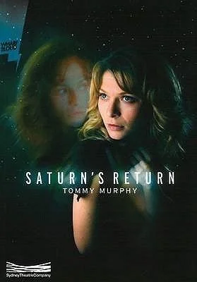 Poster for 'Saturn's Return' featuring a woman with brown hair and a serious expression, with a faint reflection of her face in a ghostly green nebula background.