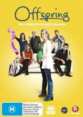 Official poster for the fourth season of the TV series 'Offspring' featuring five characters against a yellow background, with the main character in the center and others in various poses.