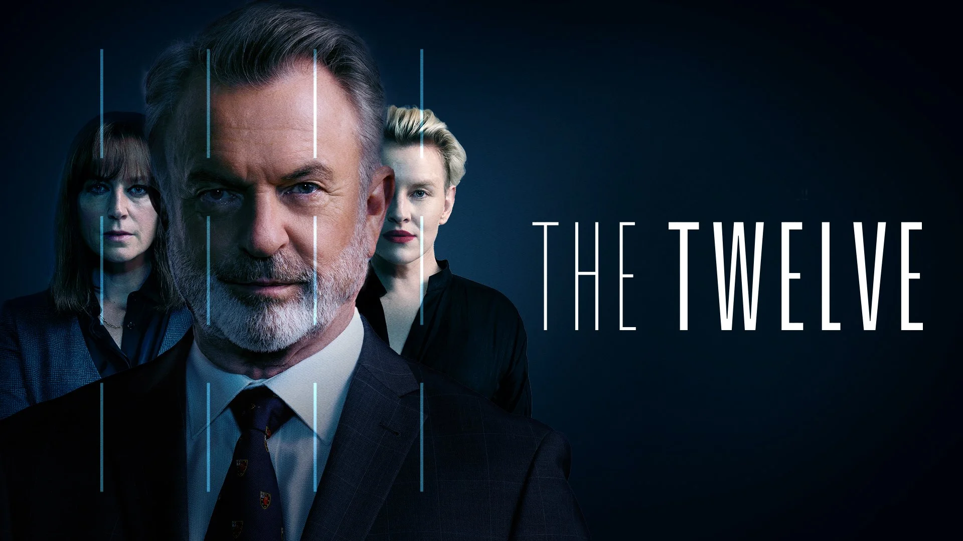 Promotional poster for the TV series "The Twelve," featuring three characters with vertical blue lines across their faces, and the title "The Twelve" in white text on a dark background.